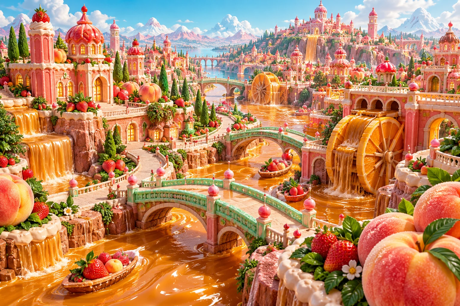 Caramel canals in Faleruni's illustrated fruit and confectionery world