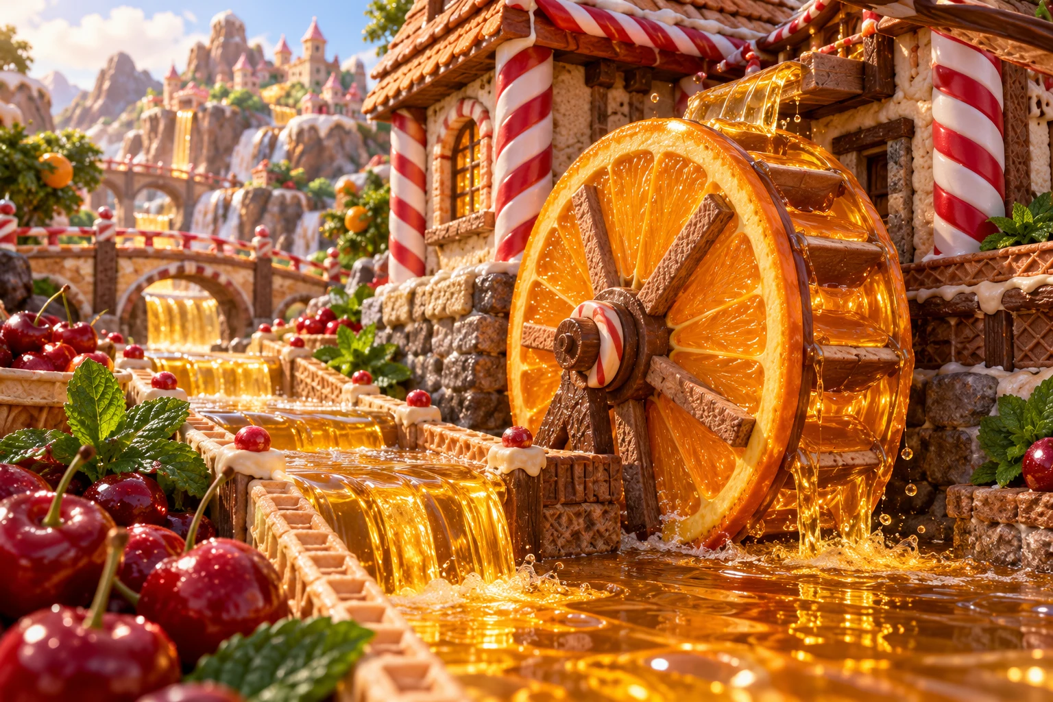 Citrus waterwheel in Faleruni's illustrated fruit and confectionery world