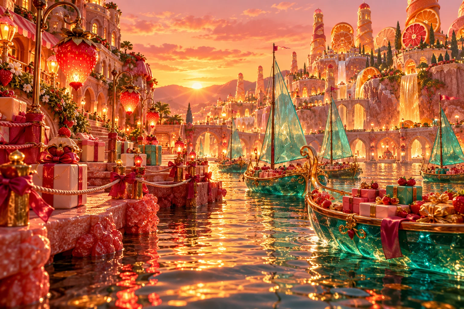 Harbour lights in Faleruni's illustrated fruit and confectionery world