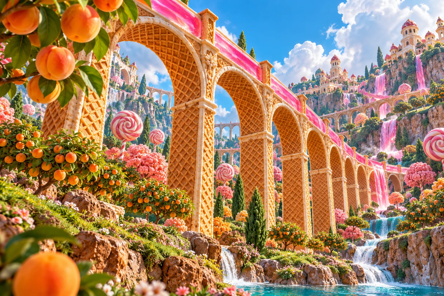 Ribbon aqueduct in Faleruni's illustrated fruit and confectionery world